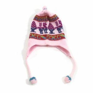 Girls Pink Winter Hat 100% Wool Knitted Handmade Crochet Earflap Warm Cap Beanie
